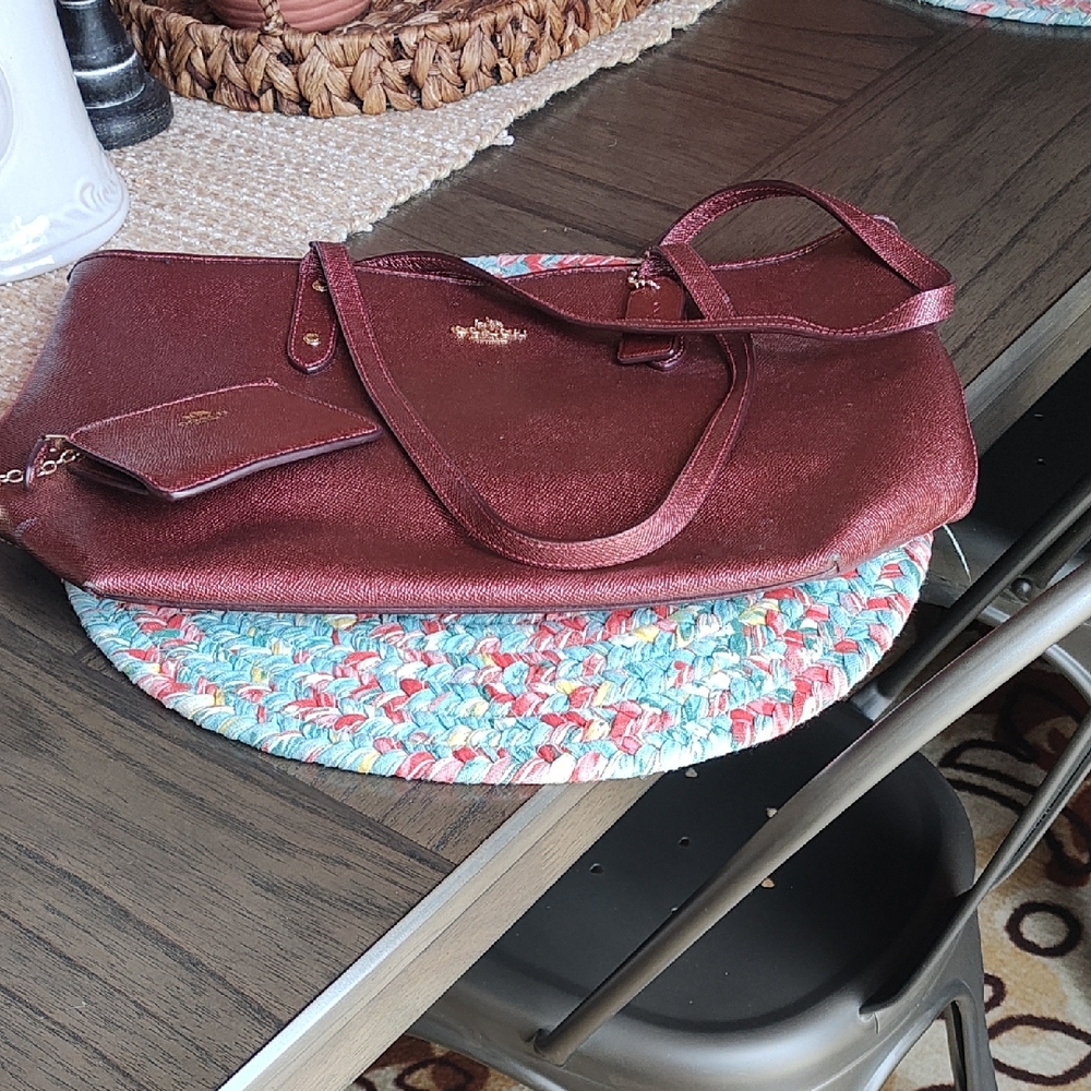 Coach Elegant Burgundy Leather Handbag and Coin Purse